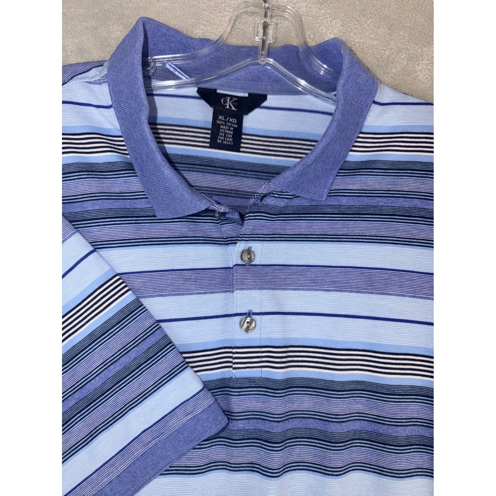 Calvin Klein Mens XL Blue Striped Short Sleeve Cotton Polo Shirt RN 36543